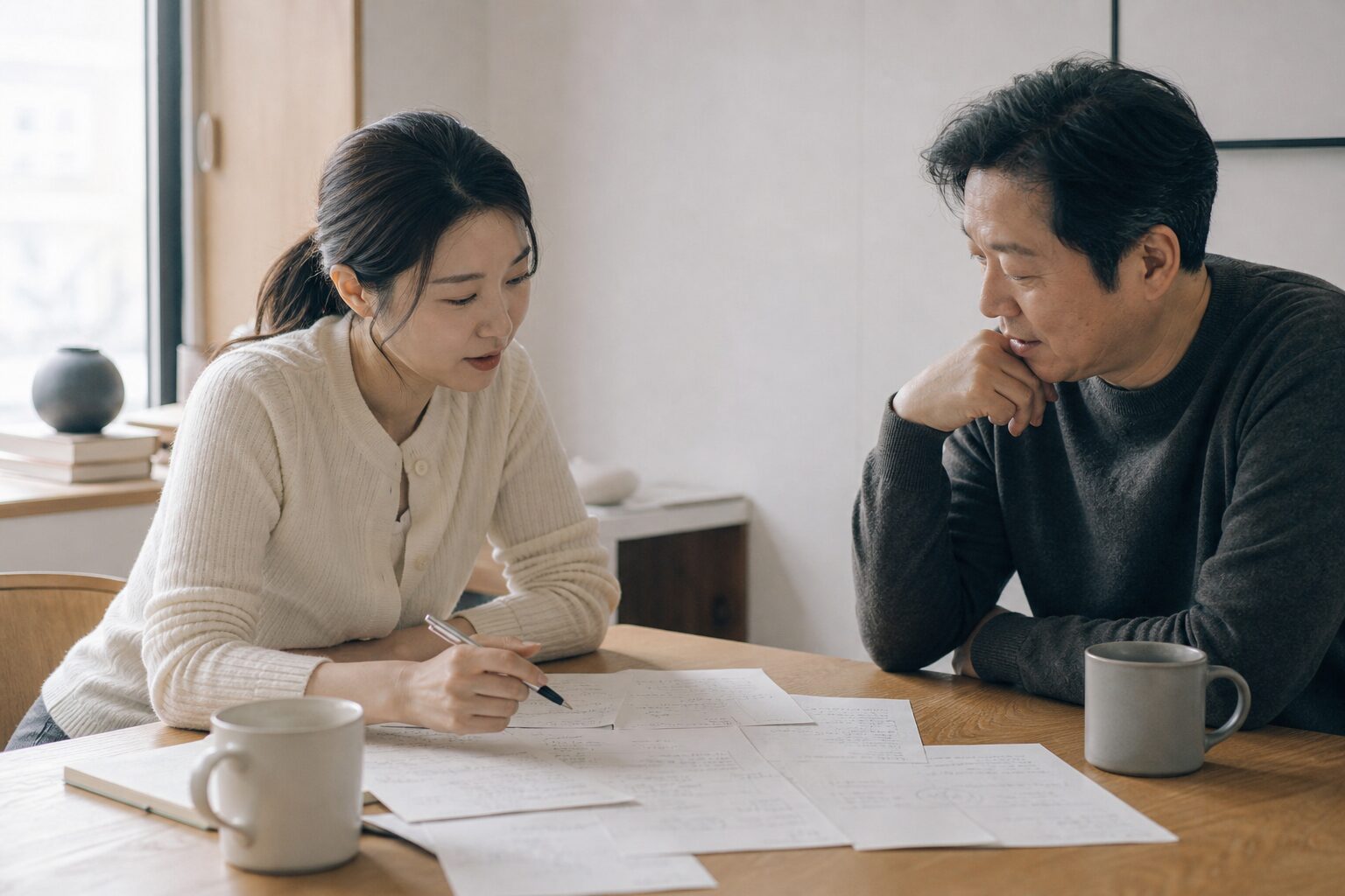 30대 여성 운영자와 40대 남성 컨설턴트가 카페 스타일 소규모 회의 공간에서 테이블 위에 펼쳐진 채널 확장 기획 메모지를 함께 들여다보며 논의하는 협업 컷. 테이블 위에는 손으로 쓴 메모지와 커피잔이 놓여 있다.