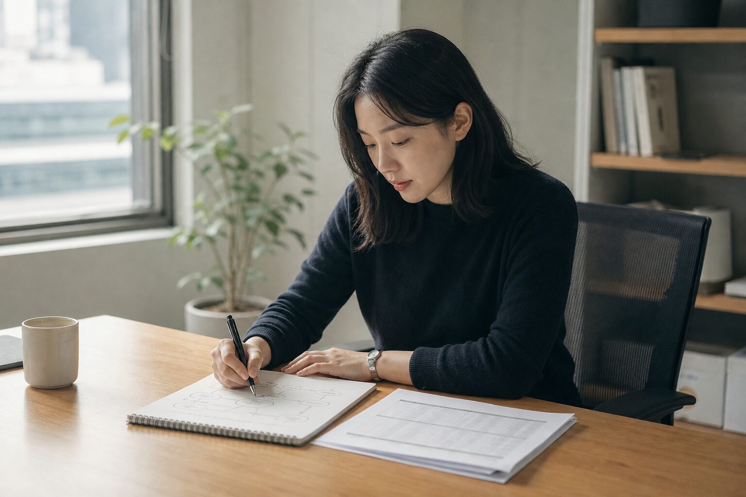 검색광고 성과 데이터를 분석하는 마케터 — 노트에 CTR·CVR 흐름을 손으로 정리하며 집중하는 모습