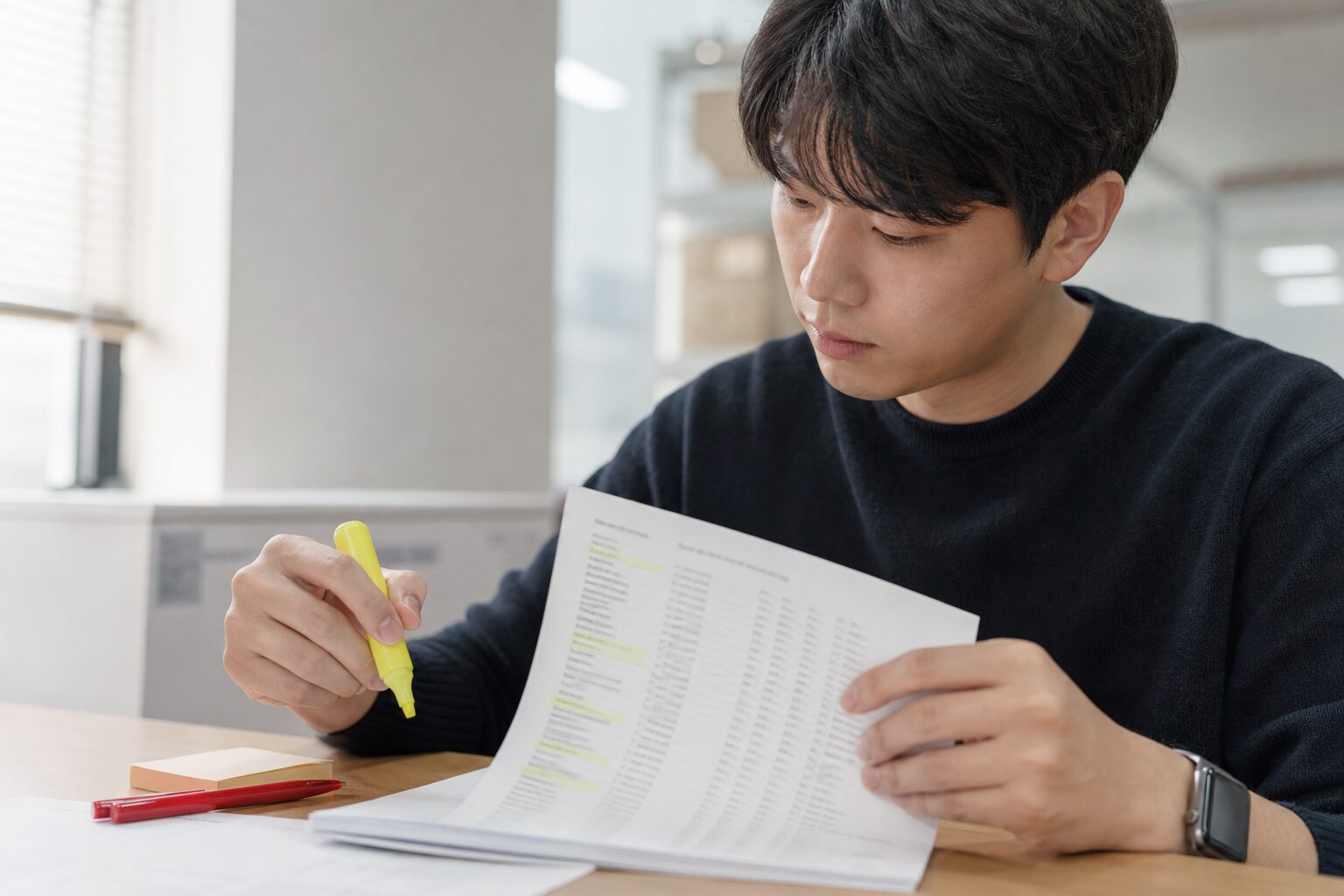 검색광고 캠페인 세팅 오류를 점검하는 마케터 — 키워드 목록이 인쇄된 종이에 형광펜으로 표시하며 검토하는 클로즈업