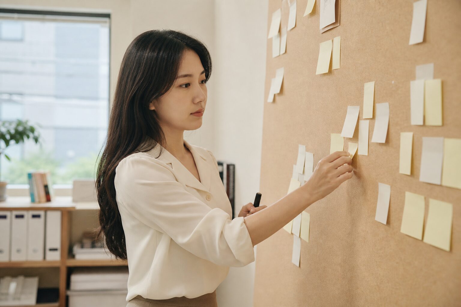 광고 소재 교체 작업을 진행하는 마케터 — 포스트잇에 키워드 아이디어를 적어 벽면 기획보드에 분류해 붙이는 장면