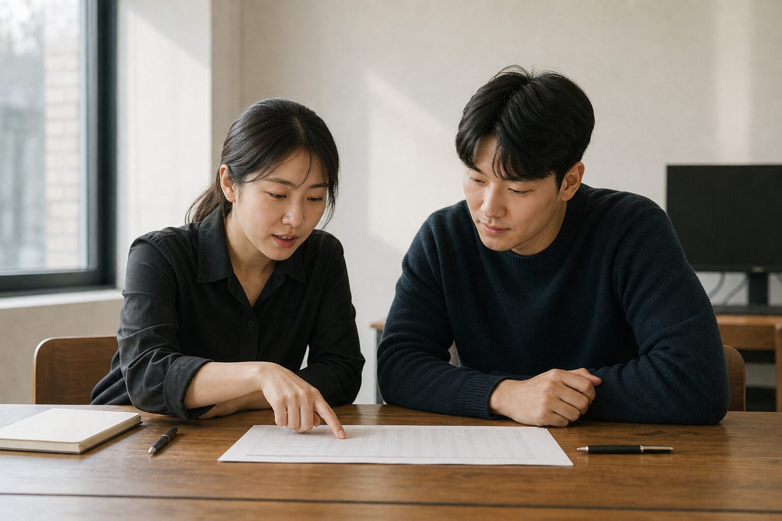 광고 입찰 전략을 함께 검토하는 두 명의 마케터 — 인쇄된 캠페인 성과 보고서를 나란히 보며 손가락으로 특정 구간을 짚어 논의하는 협업 장면