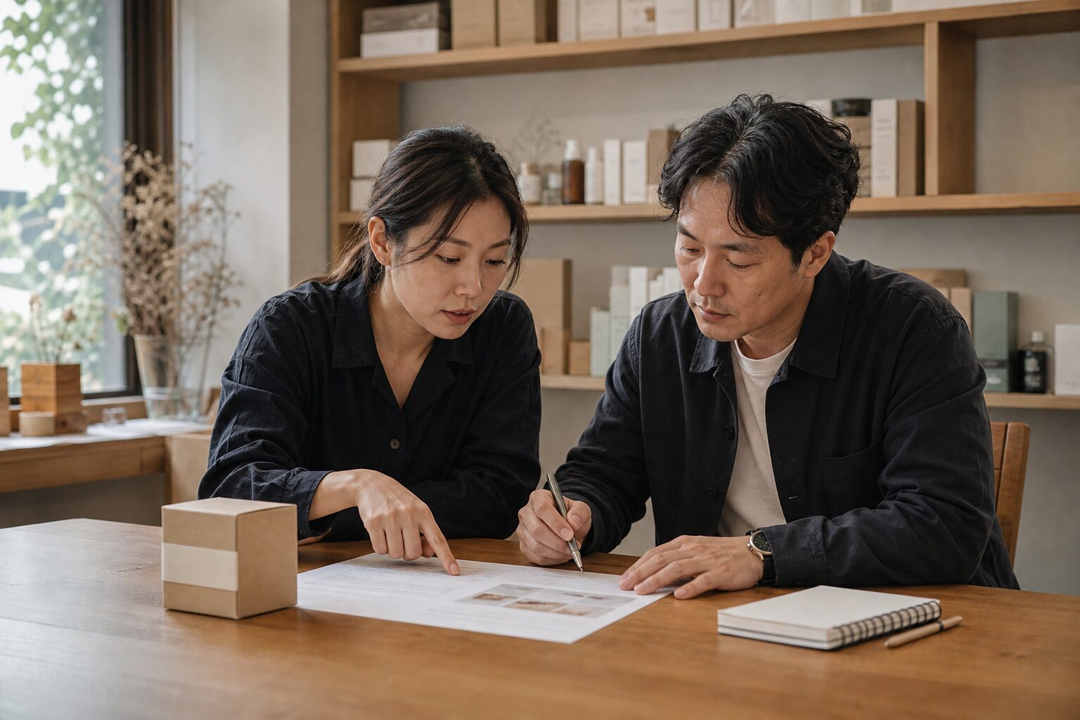 네이버 플레이스 운영 완벽 가이드 2026 10 오프라인 쇼룸 겸 소규모 사무공간에서 두 명의 한국 브랜드 운영자가 나란히 앉아 프린트된 채널 전략 기획안 종이를 함께 들여다보며 손가락으로 특정 항목을 짚어가며 논의하는 협업 장면. 테이블 위에는 제품 샘플 박스와 메모지가 놓여 있다.