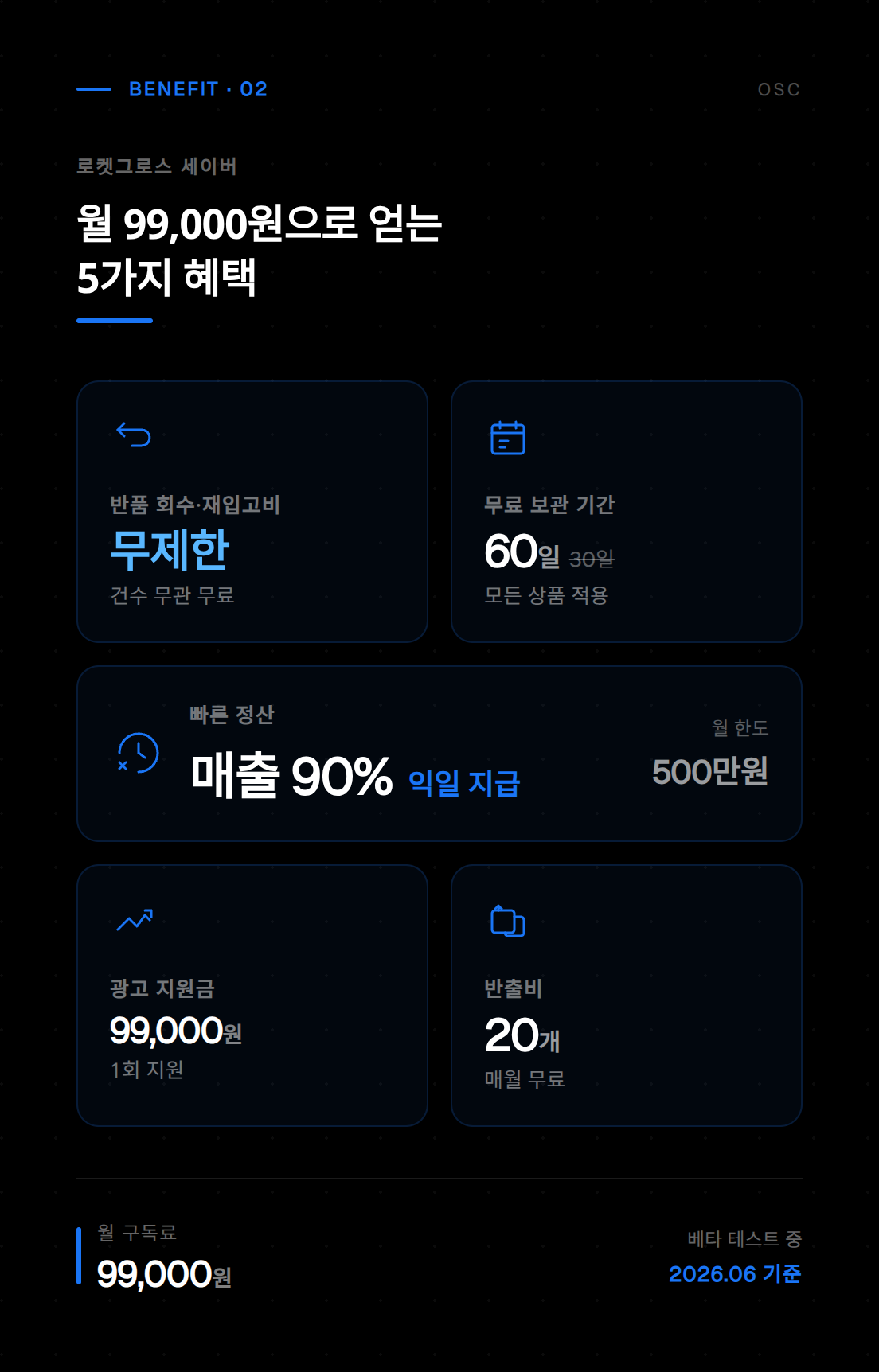 로켓그로스 세이버 요금제 및 플랜 비교 안내 화면으로 합리적인 비용으로 이용 가능한 구독 옵션 제공