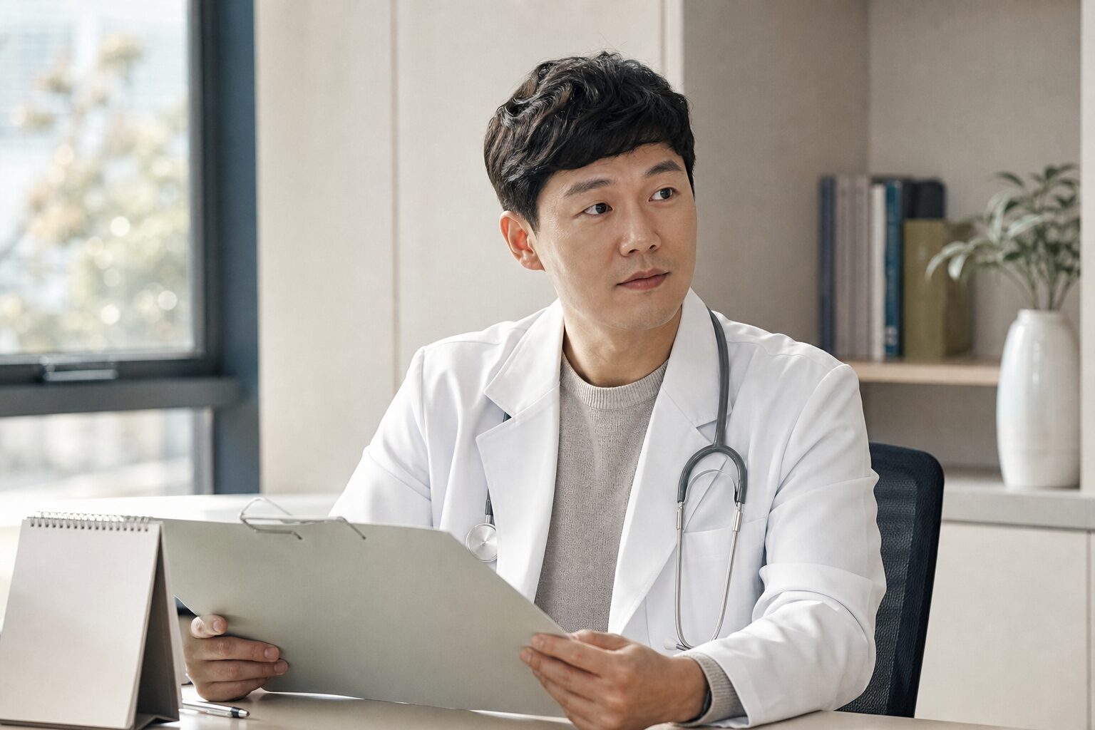 진료실에서 환자 차트를 살피며 진료에 집중하는 의사