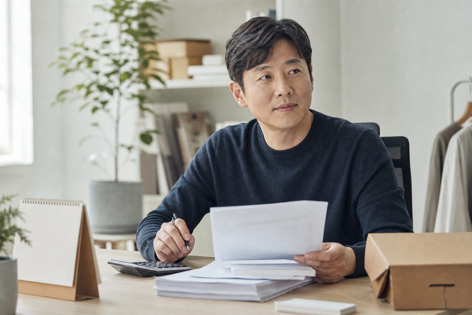 로켓그로스 세이버 사용법 가입전 손익분기점 2 쿠팡 로켓그로스 셀러가 사무실 책상에서 반품 청구서와 계산기를 앞에 두고 차분히 검토하는 모습