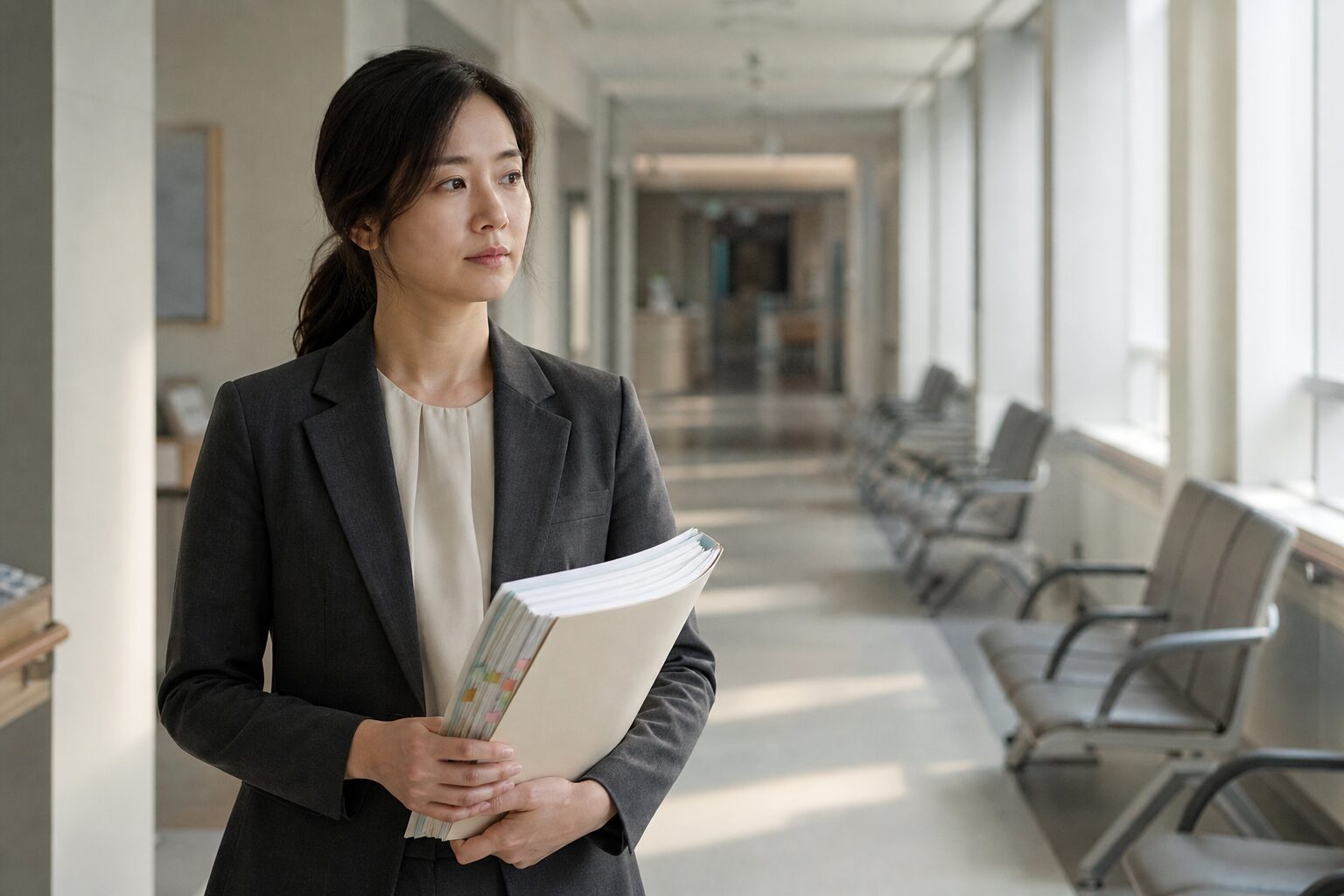 텅 빈 병원 복도를 서류철을 든 채 살피는 병원 행정 담당자