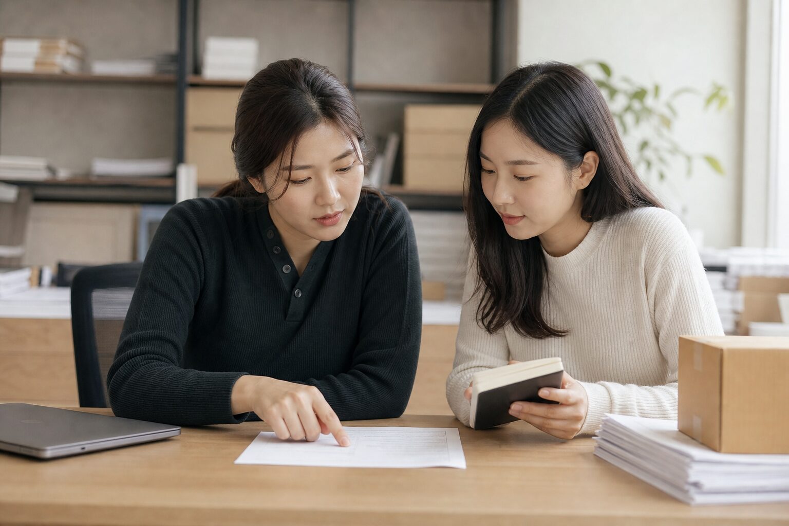 네이버 광고 세팅 방법 5단계 실전 정리 8 두 명의 운영 담당자가 채널별 체크리스트 서류를 함께 보며 손으로 짚어 논의하는 협업 장면