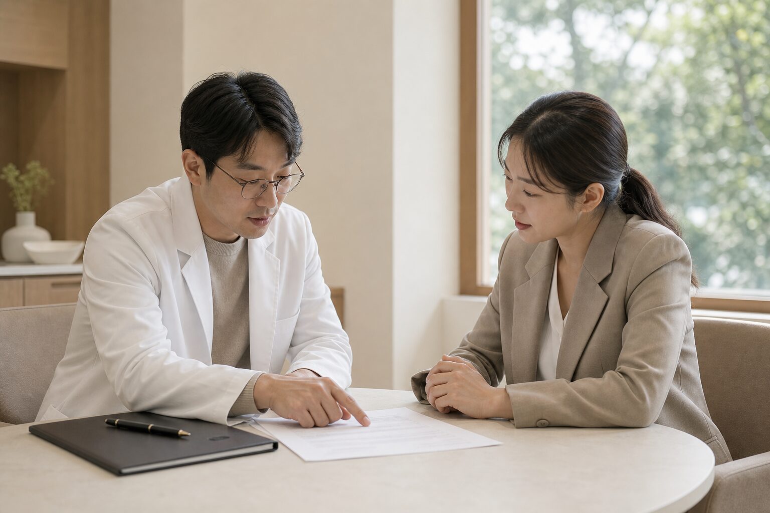 두 명의 병원 관계자가 위탁 계약서를 함께 검토하며 협의하는 모습