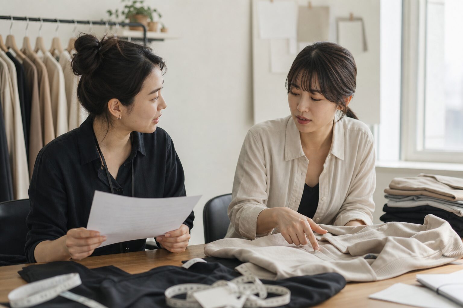 로켓그로스 세이버 사용법 가입전 손익분기점 6 두 운영자가 패션 상품 반품 사유 데이터를 출력물로 함께 보며 상세페이지 개선을 논의하는 협업 장면