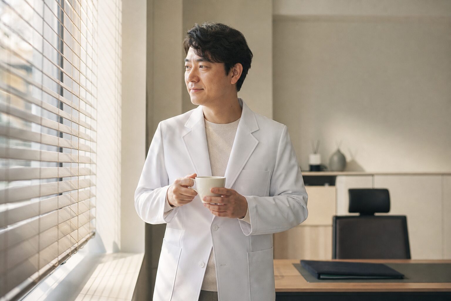 진료를 마친 뒤 여유롭게 창밖을 바라보며 미소짓는 원장