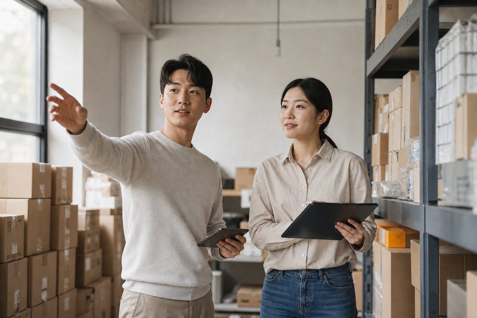 로켓그로스 세이버 사용법 가입전 손익분기점 12 두 운영자가 재고 창고 앞에서 회전율 개선 방향을 상의하며 밝은 표정으로 다음 단계를 계획하는 모습