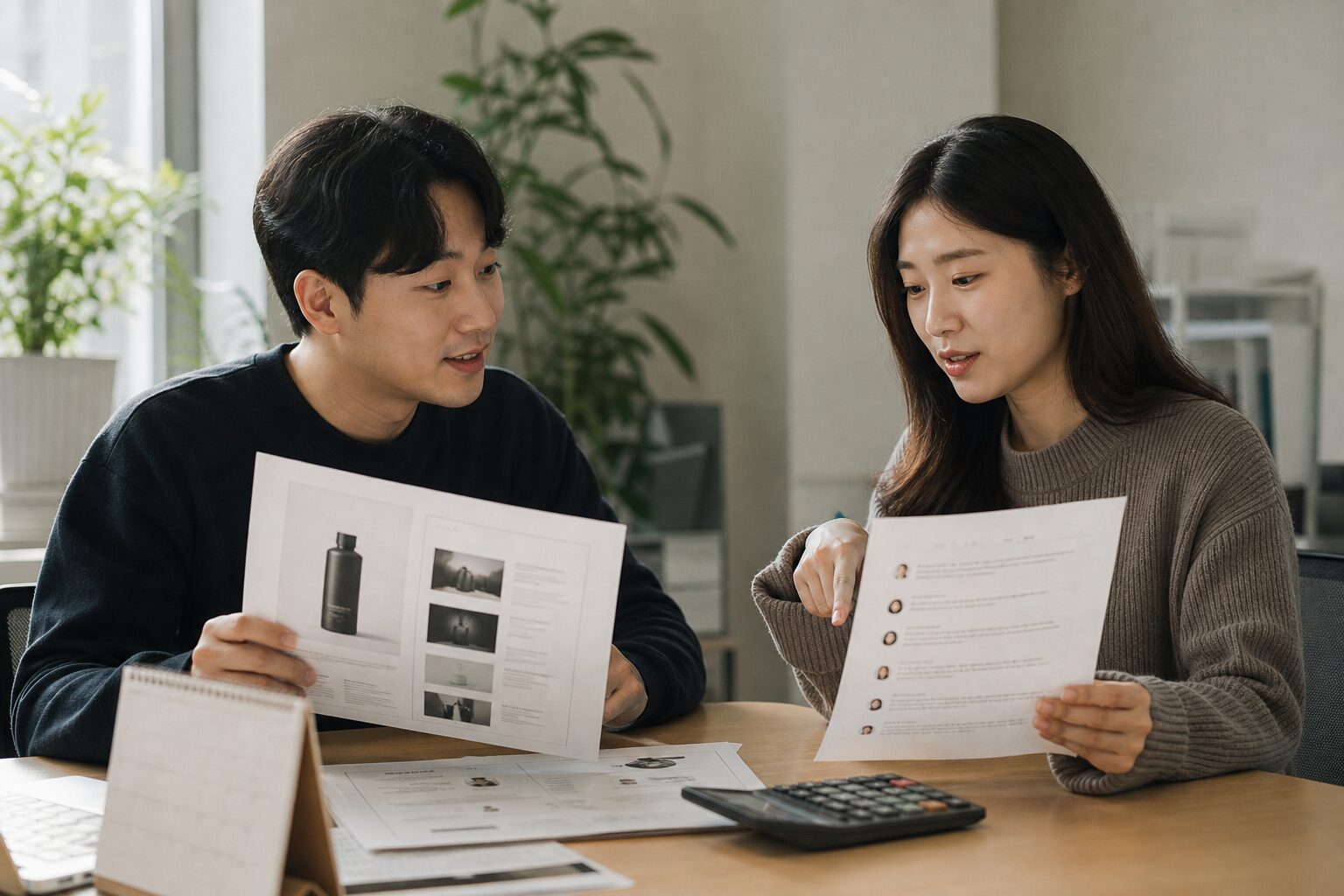 타겟팅 설정 방법 좁히기보다 중요한 3원칙 16 두 명의 담당자가 상품 상세페이지 시안과 리뷰 출력물을 함께 살펴보며 다음 개선 방향을 논의하는 협업 장면