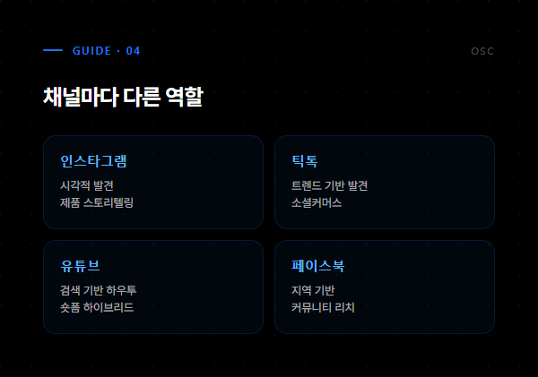 채널별 역할 비교 - 인스타그램 발견, 틱톡 트렌드, 유튜브 검색, 페이스북 지역커뮤니티