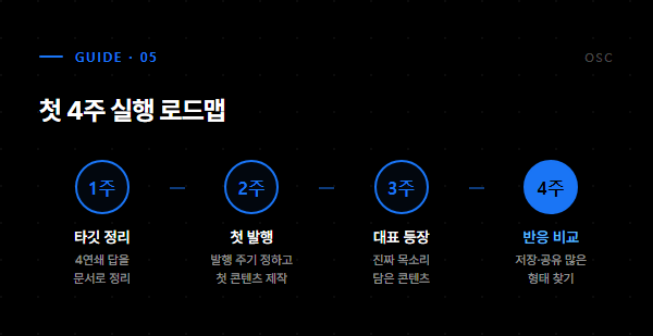 첫 4주 실행 로드맵 - 1주차 정리, 2주차 발행, 3주차 대표등장, 4주차 비교