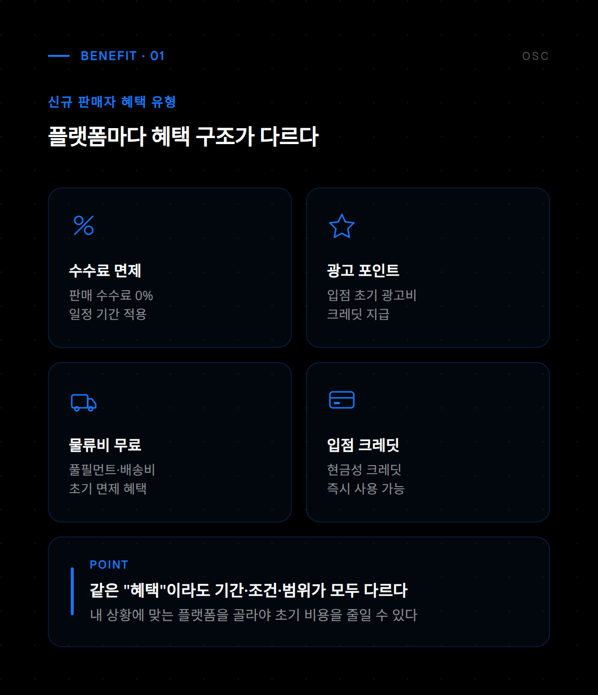 신규 판매자 혜택 안내 첫 번째 화면으로, 새로운 셀러를 위한 특별 지원 프로그램을 소개합니다.