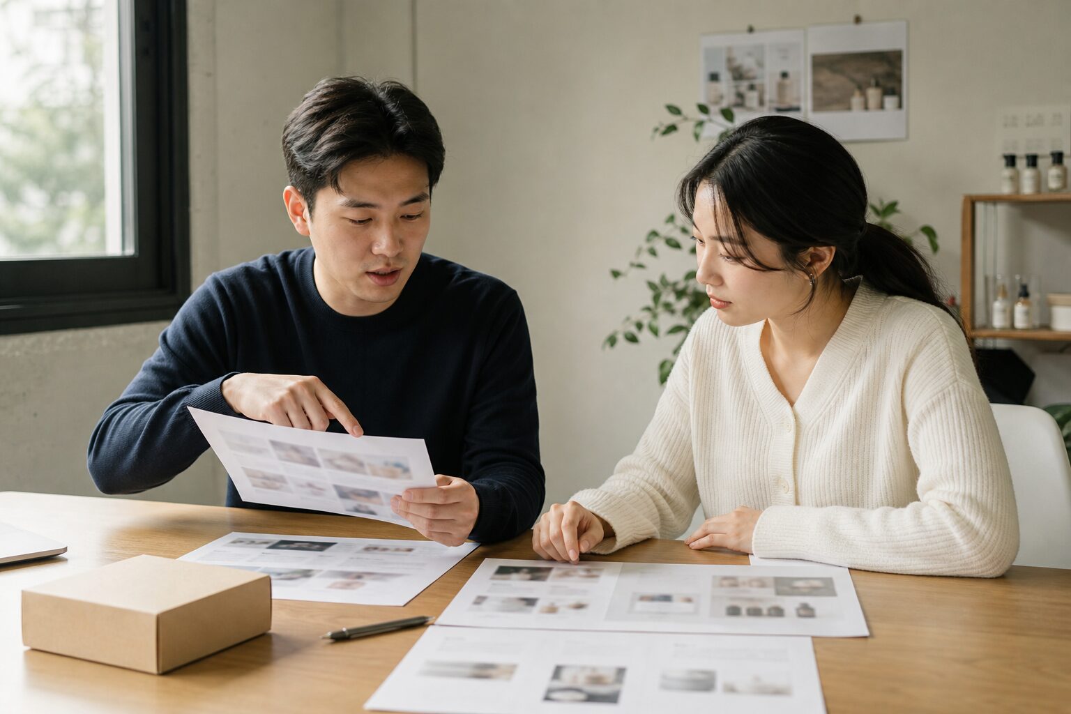 체험단 운영 3단계 준비물 2가지 12 한국 커머스 운영자 두 명이 사무실에서 체험단 후기 인쇄물과 제품 박스를 테이블에 펼쳐놓고 결과를 함께 검토하며 다음 캠페인을 논의하는 협업 컷