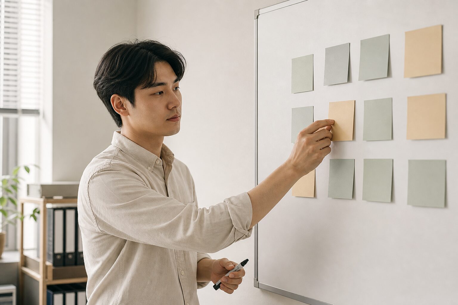 네이버 광고 스케줄링 5단계 6 광고 운영 담당자가 포스트잇으로 시간대별 광고그룹 구조를 화이트보드에 직접 붙이며 정리하는 장면
