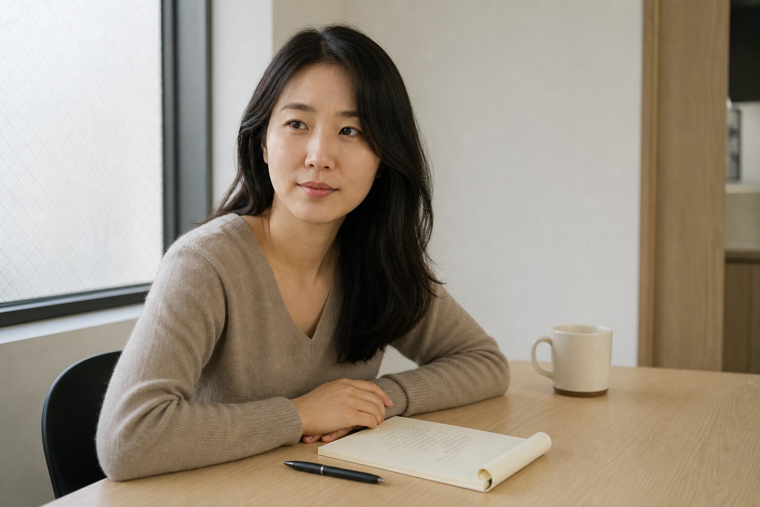 네이버 광고주센터 비즈채널 유형을 메모지에 정리하며 채널 선택을 준비하는 한국 여성 마케터 클로즈업