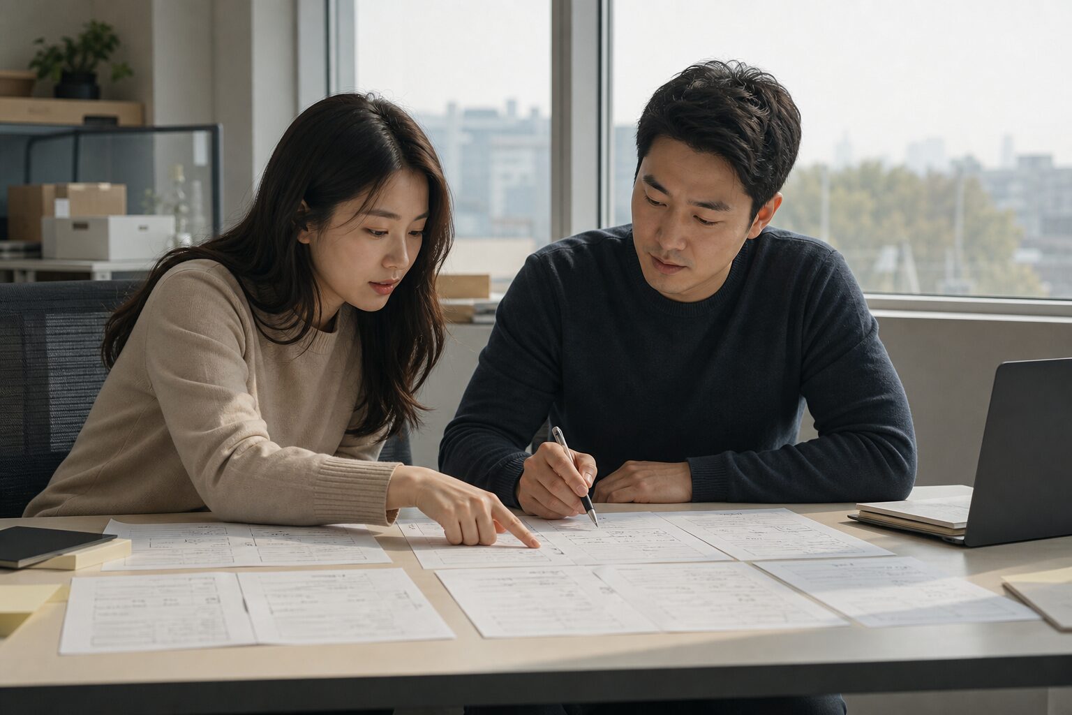 네이버 플레이스·쇼핑·웹사이트 채널 운영 현황을 함께 검토하는 두 명의 한국 이커머스 운영자 협업 컷