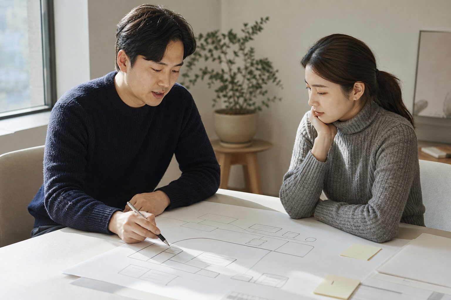 멀티채널 운영 전략 메모를 펼쳐놓고 다음 실행 계획을 정리하는 한국 이커머스 브랜드 운영자 두 명 협업 컷