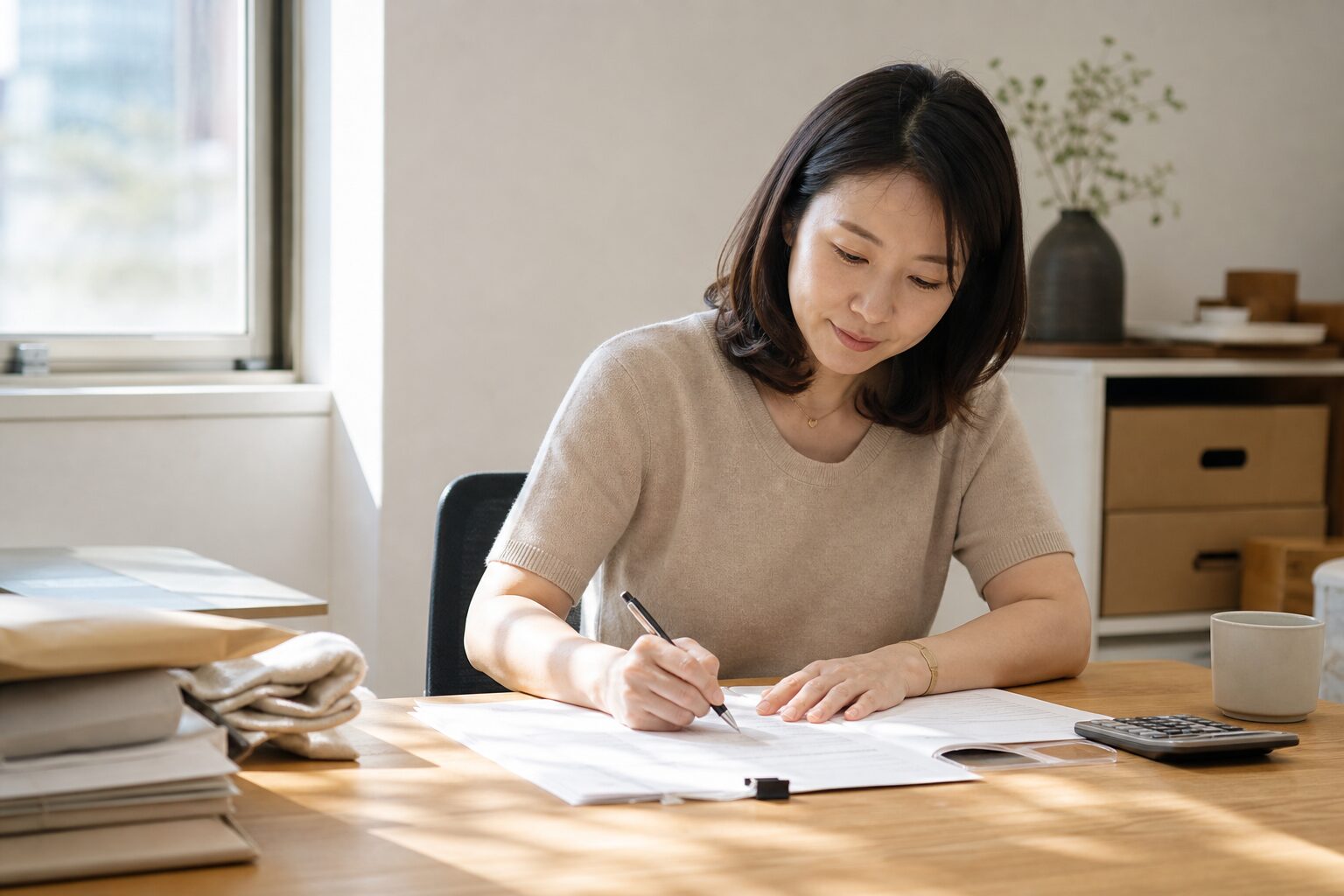 로켓그로스 비용 분석 4가지 총정리 1 쿠팡 로켓그로스 셀러가 책상 위에 펼쳐진 정산 내역 서류와 탁상 계산기를 앞에 두고 항목별로 메모를 적으며 집중하는 장면