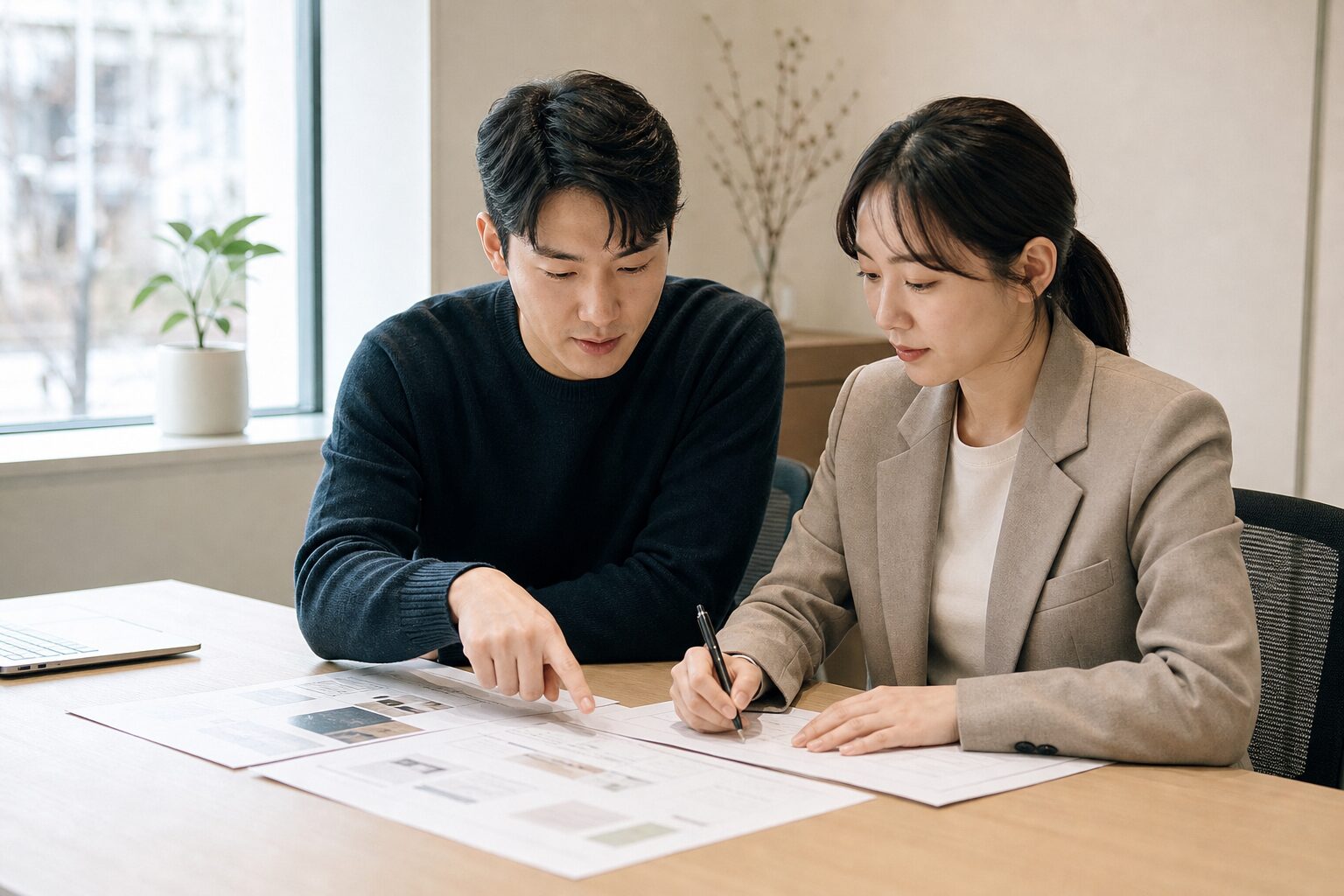 두 명의 한국 이커머스 마케터가 사무실 테이블에서 캠페인 전략 기획안 종이를 함께 펼쳐보며 한 명이 손가락으로 특정 항목을 가리키고 다른 한 명이 메모하는 협업 장면