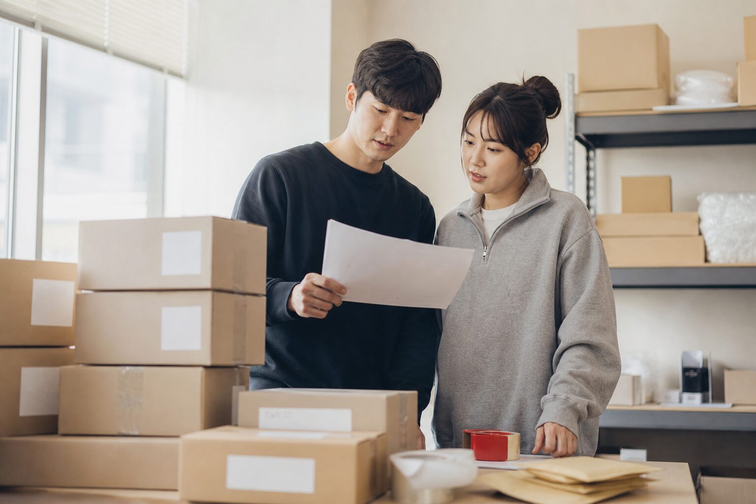 두 명의 한국 이커머스 운영자가 소형 창고 겸 사무 공간에서 식품 택배 박스 옆에 서서 종이 기획안을 함께 들여다보며 논의하는 협업 장면, 박스 위에 송장 스티커가 붙어 있음