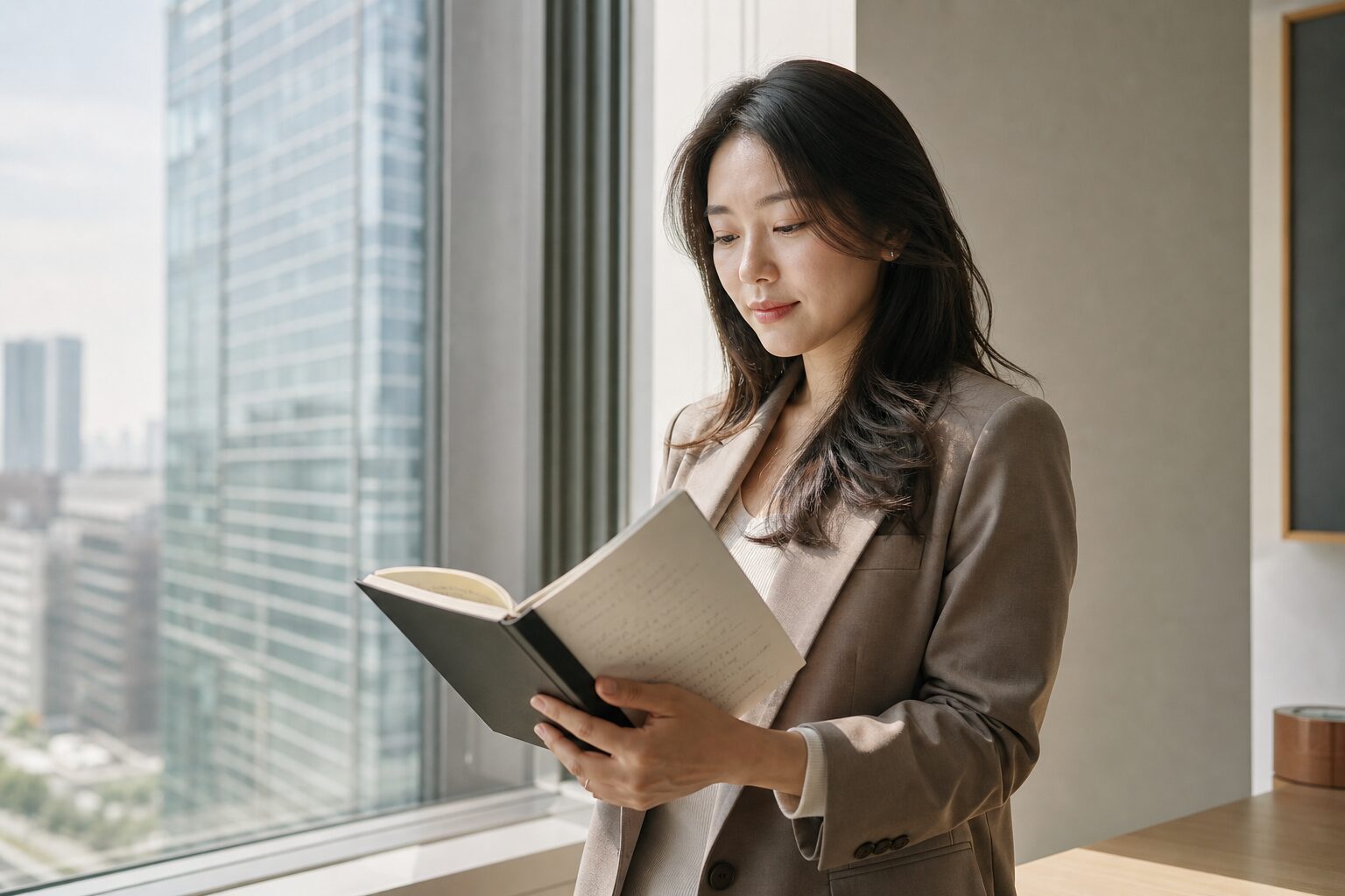 한국 여성 마케터가 밝은 사무실 창가에서 캠페인 전략 메모가 적힌 노트를 펼쳐 들고 차분하게 내용을 검토하는 미들샷, 창밖 자연광이 부드럽게 들어오는 장면