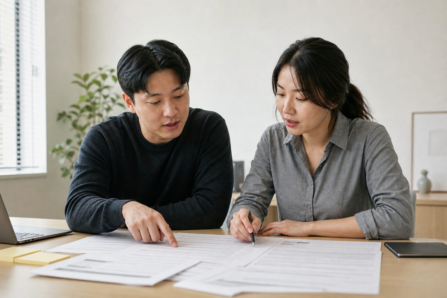 신규 판매자 혜택 360일 비교 정리 15 두 명의 한국 커머스 운영자가 사무실 테이블에서 상품 키워드 메모와 리뷰 출력물을 함께 보며 손가락으로 특정 항목을 짚어 논의하는 협업 컷