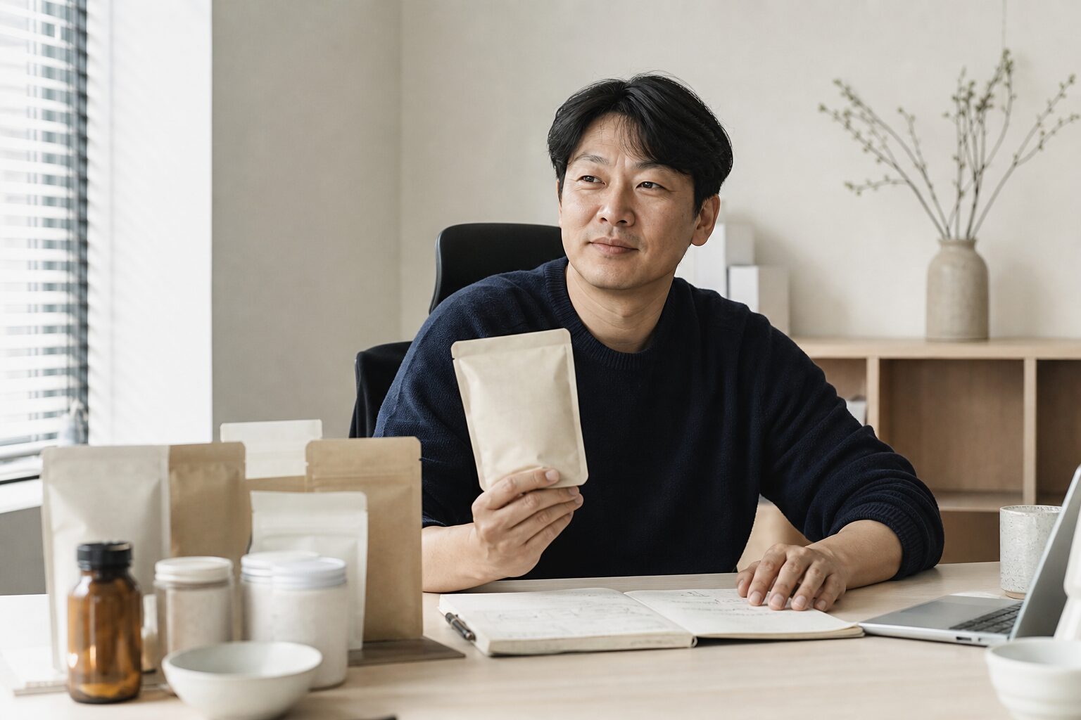 신규 판매자 혜택 360일 비교 정리 16 한국 식품 브랜드 운영자가 사무실에서 상품 패키지 샘플을 손에 들고 메모지에 다음 분기 운영 계획을 적으며 차분하게 앞을 바라보는 모습