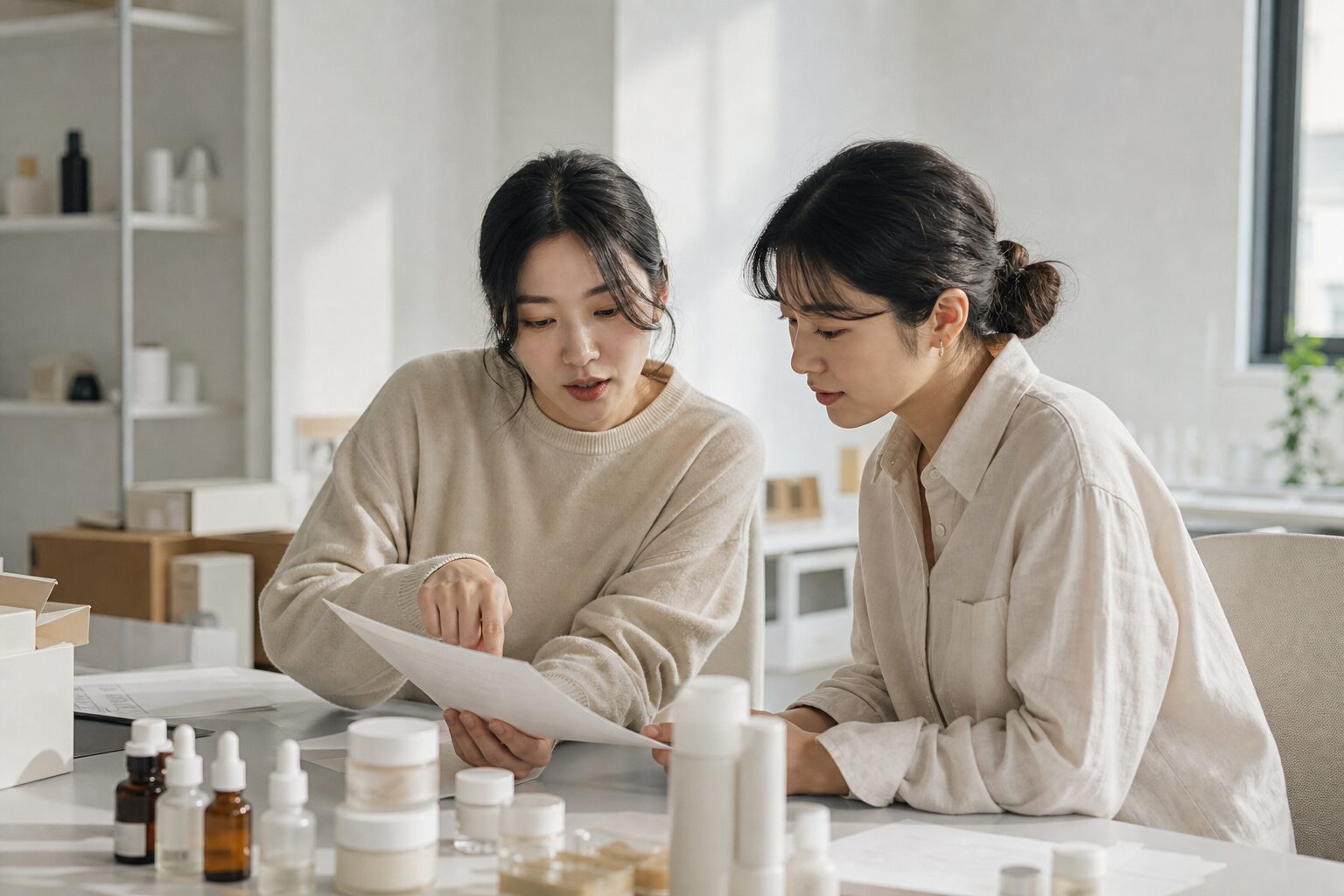 AI 영상 제작 완전 가이드 2026 5단계 11 한국 여성 소규모 브랜드 대표 두 명이 좁은 사무실 테이블에 뷰티 제품 샘플 몇 개를 올려놓고 나란히 앉아 출력된 영상 스크립트 초안을 함께 검토하며 한 명이 손가락으로 특정 문장을 가리키는 협업 장면.