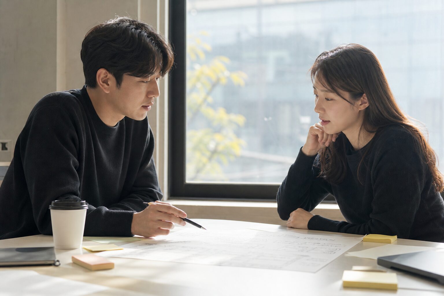 AI 영상 제작 완전 가이드 2026 5단계 13 한국 남녀 마케터 두 명이 창가 밝은 회의 테이블에 마주 앉아 손글씨 콘텐츠 전략 기획안 종이를 사이에 두고 한 명이 펜으로 특정 항목을 짚으며 진지하게 논의하는 협업 장면. 테이블 위에는 기획 메모지와 커피잔이 놓여 있다.