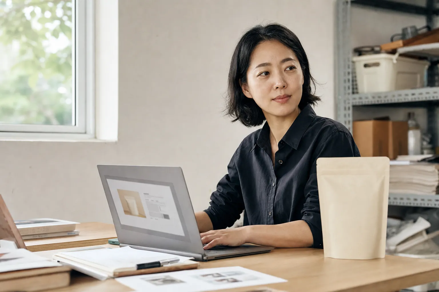 식품 브랜드 마케팅, 다른 상품처럼 하면 안 되는 이유 1 식품 브랜드 대표가 상세페이지 초안을 노트북으로 검토하는 모습