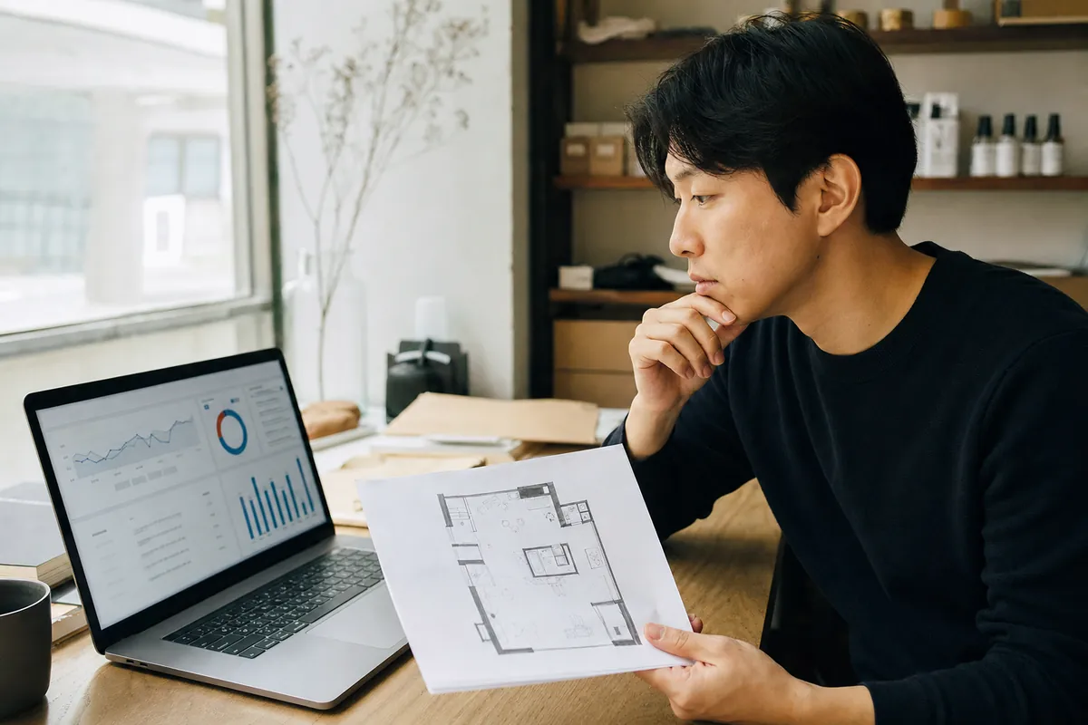 스몰브랜드 팝업스토어, 언제 어떻게 열어야 하는가 1 브랜드 대표가 온라인 매출 대시보드와 팝업 공간 도면을 함께 검토하는 모습