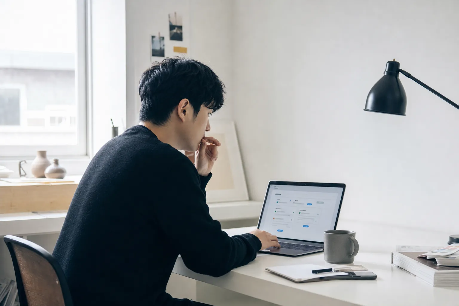 브랜드 대표가 스마트스토어 쿠폰 설정 화면을 확인하는 모습