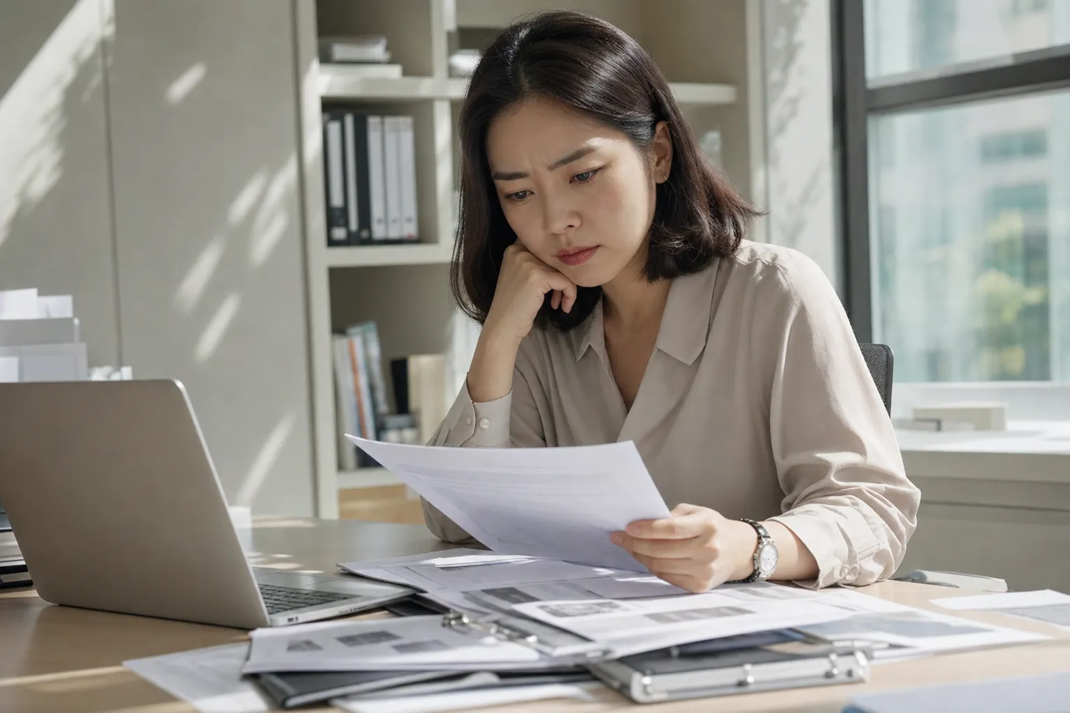 30대 초반 한국인 여성 브랜드 담당자가 책상에 서류를 펼쳐놓고 고민하는 모습