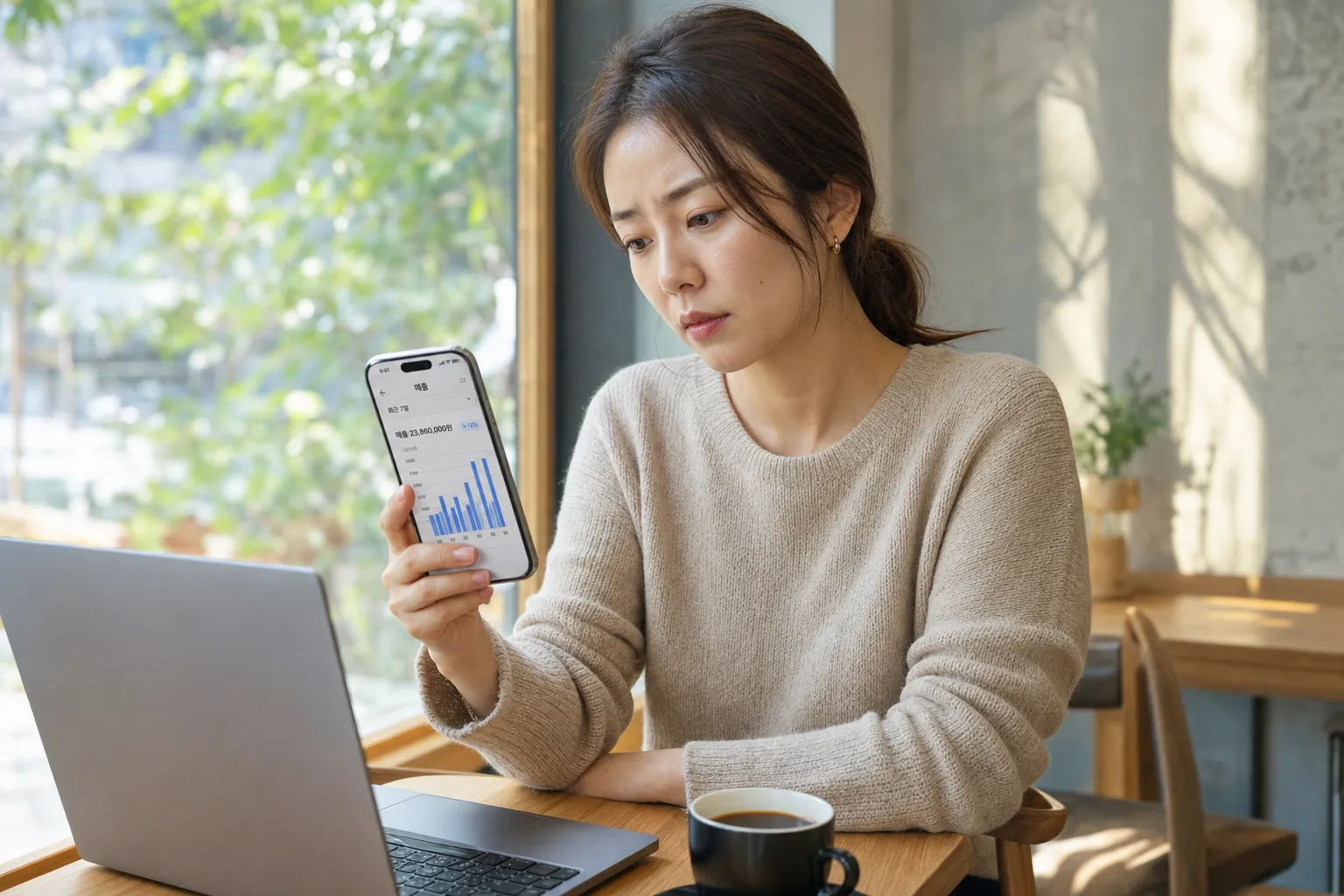 같은 소상공인이 카페에서 스마트폰으로 매출 그래프 화면을 들여다보는 모습