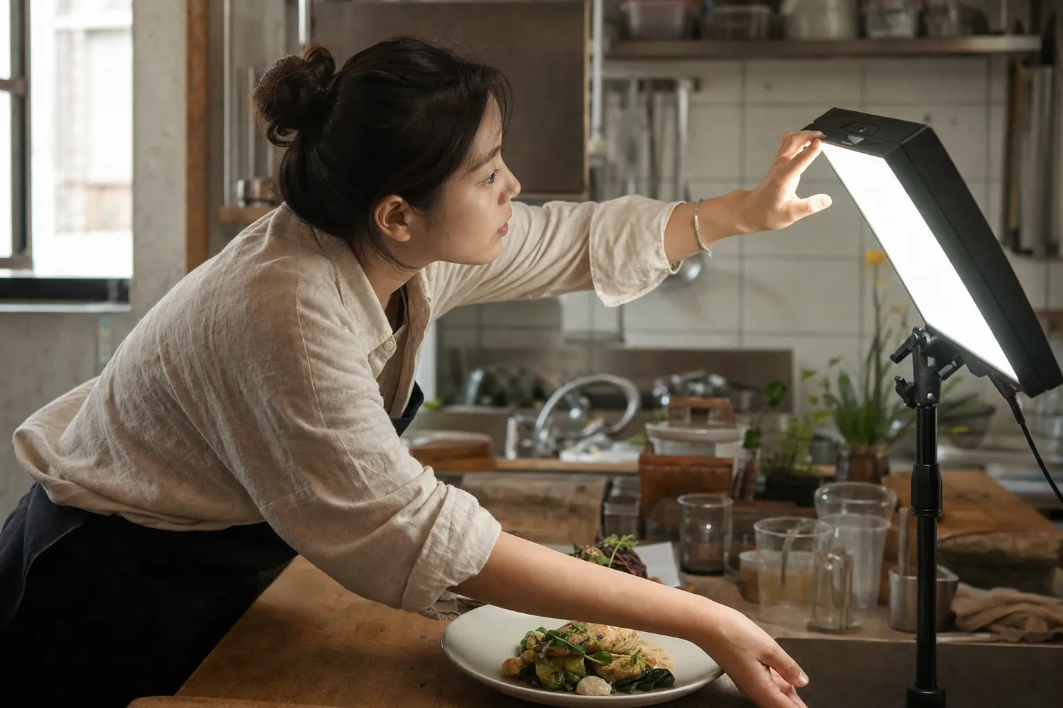 식품 숏폼 촬영, 스크롤을 멈추게 하는 네 가지 3 식품 브랜드 대표가 45도 조명 세팅을 확인하는 모습