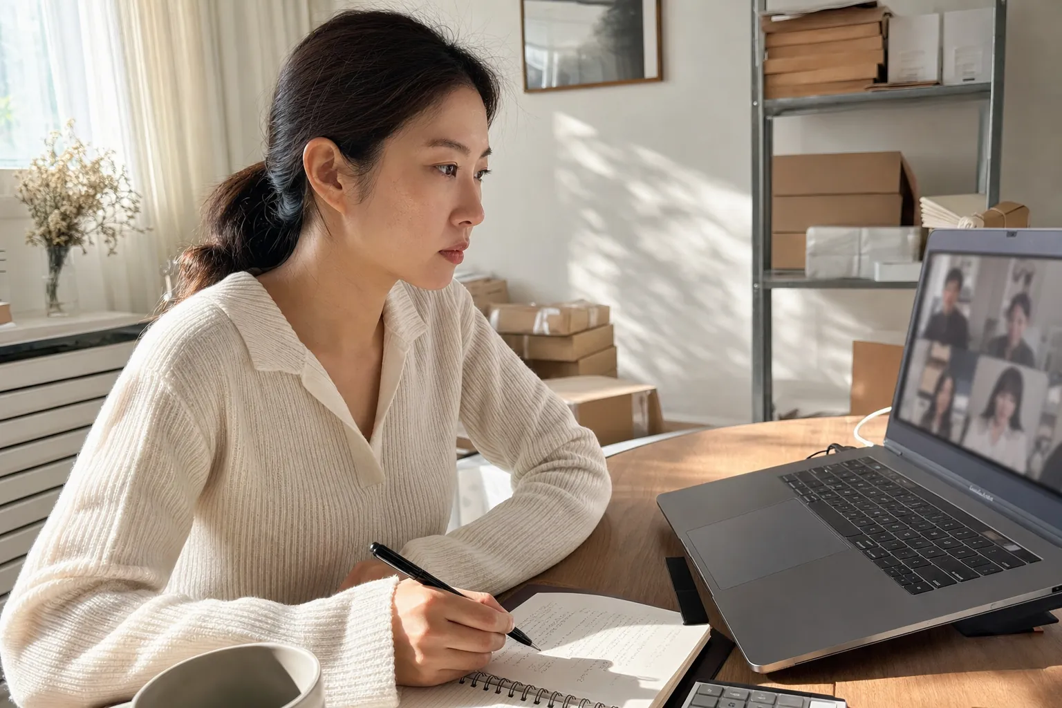 1인 브랜드 온라인 판매, 직접 할까 맡길까 — 진짜 질문은 경계선입니다 | OSC 3 같은 대표가 노트북 화상 상담을 보며 노트에 메모하는 모습