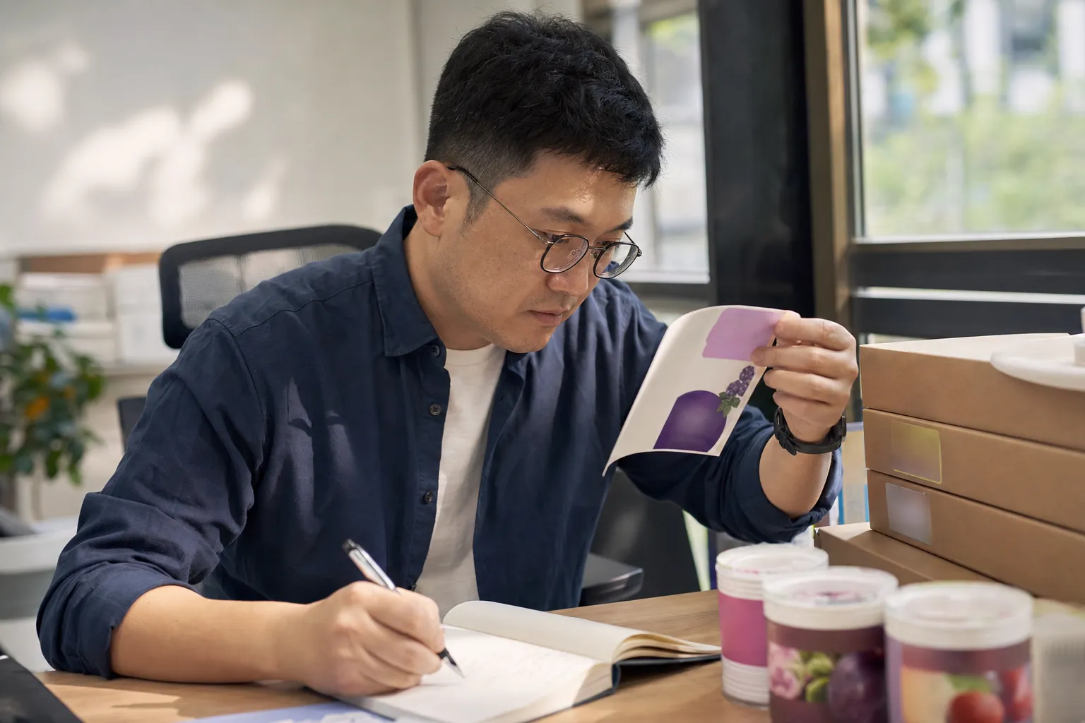 같은 담당자가 라벨 문구를 자세히 들여다보며 메모하는 모습