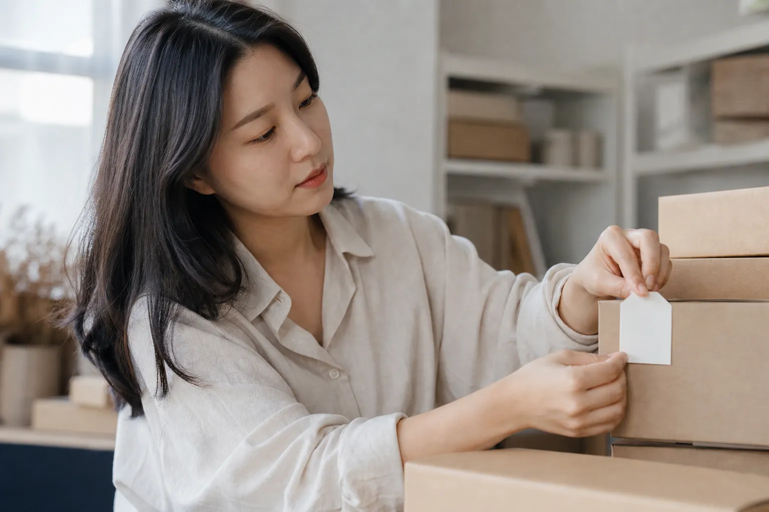 브랜드 검색량 늘리는 법, 채널 늘리기 전에 볼 것 4 같은 대표가 상품 박스에 브랜드 태그를 부착하는 모습