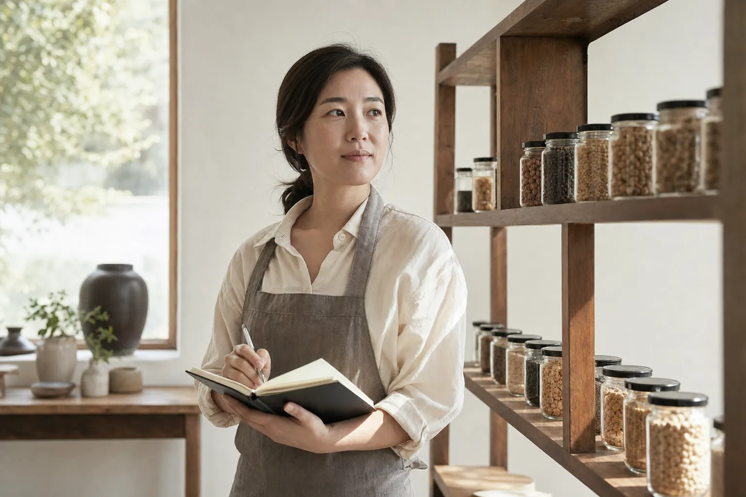 작은 식품 브랜드 대표가 작업실 선반 앞에서 노트에 브랜드 이야기를 메모하는 모습