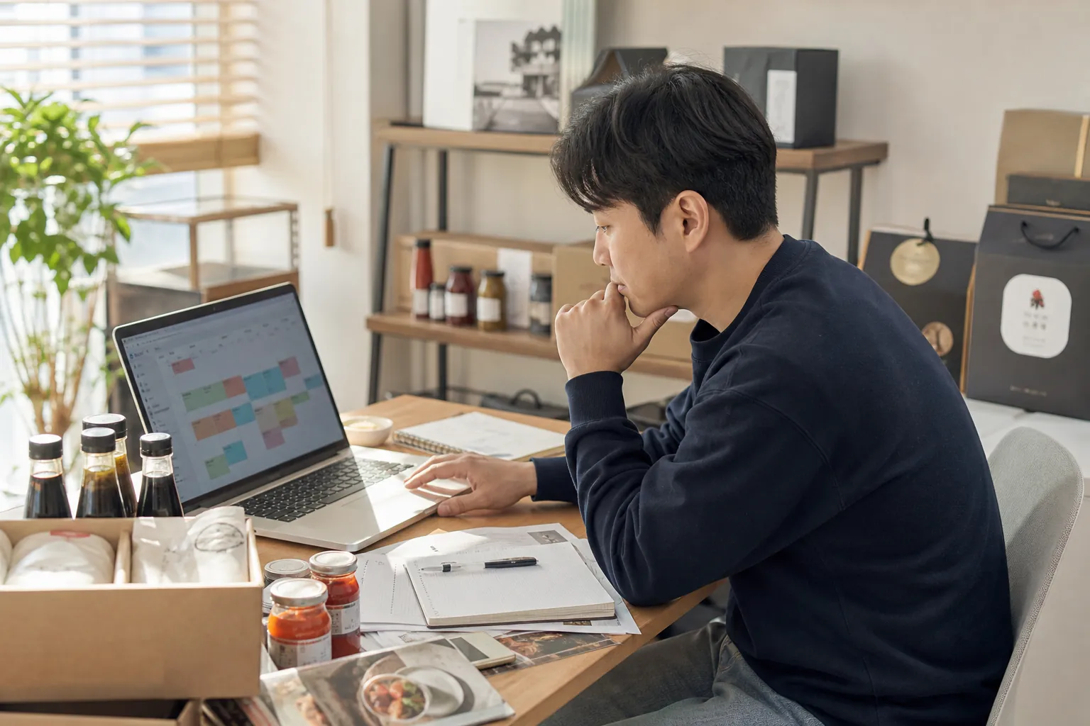 식품 시즌 마케팅, 할인율 부풀리면 위험합니다 1 셀러가 명절 프로모션 캘린더를 노트북으로 계획하는 모습