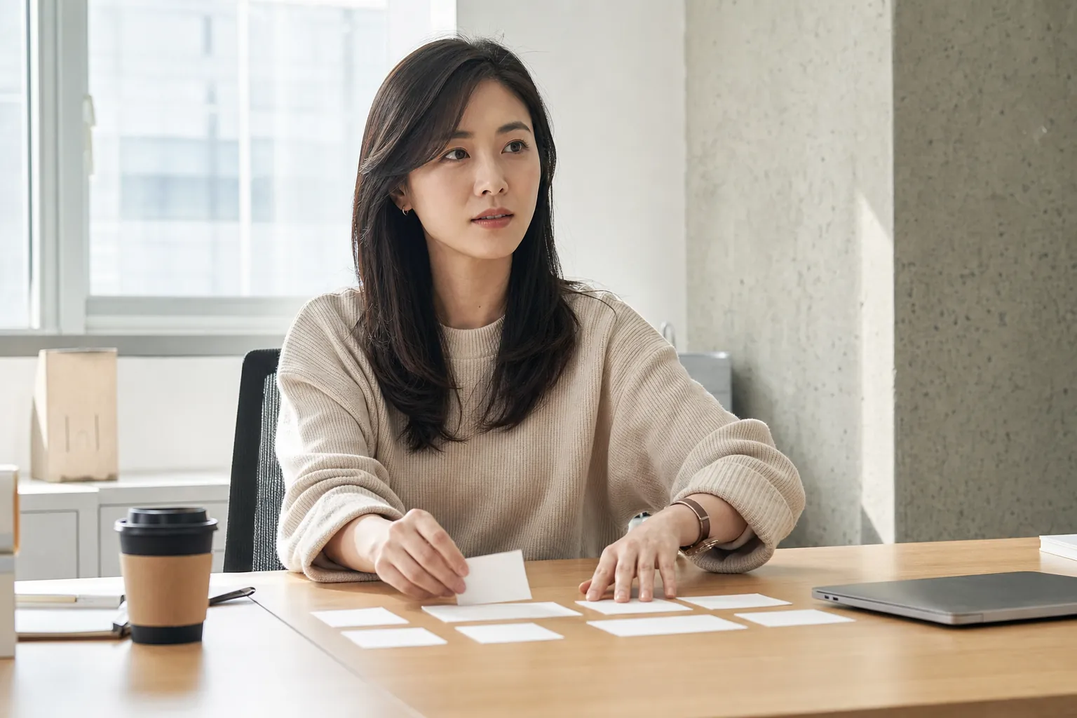 책상에서 광고 유형을 종이 카드로 분류하며 기획하는 마케터
