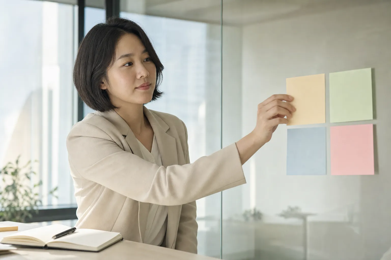 마케팅이란? 4P·4C부터 퍼널·시작 순서까지 총정리 1 제품·가격·유통·촉진 메모를 보드에 정리하며 전략을 세우는 마케터