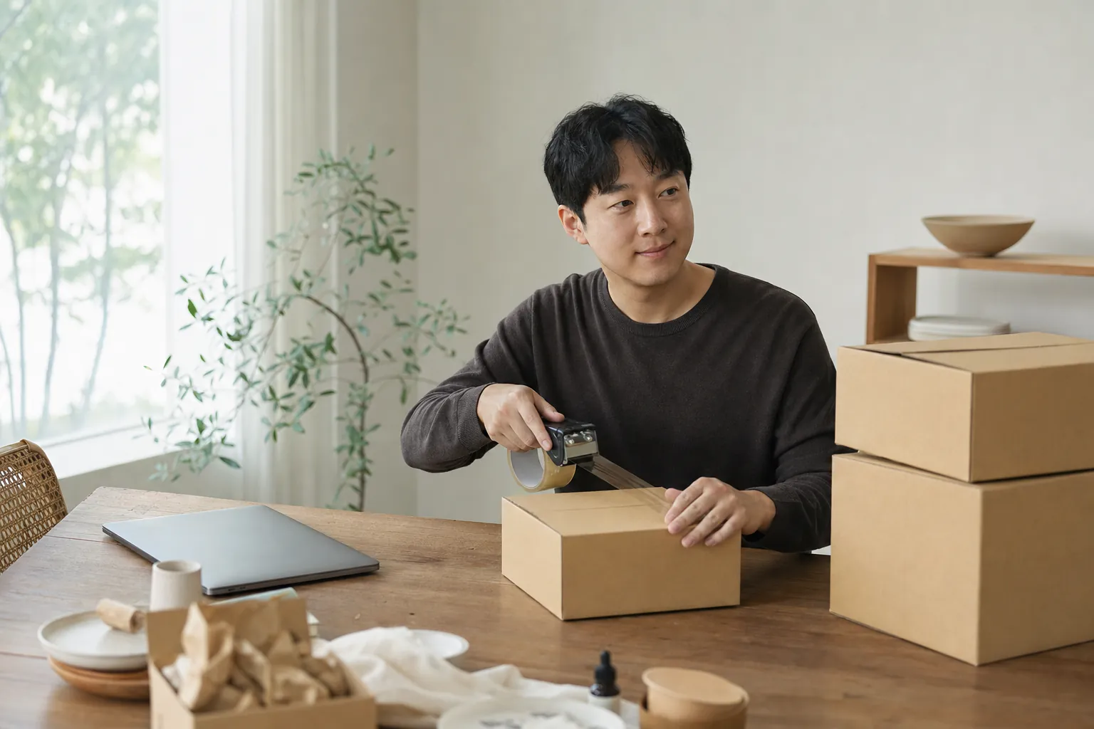 입고를 준비하며 상품 상자를 포장하는 이커머스 판매자
