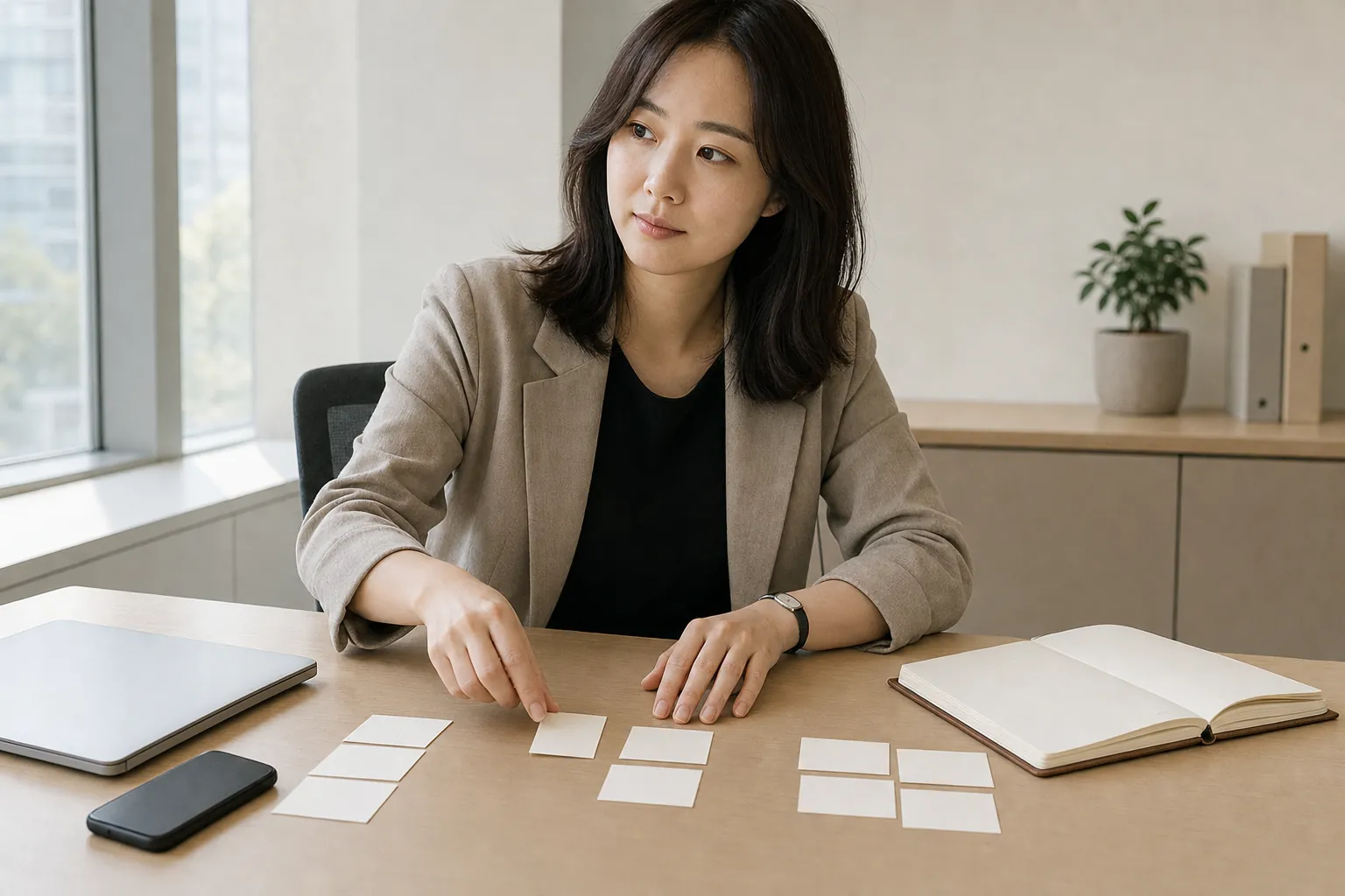 여러 채널 카드를 세 그룹으로 정리하며 온라인마케팅을 기획하는 마케터