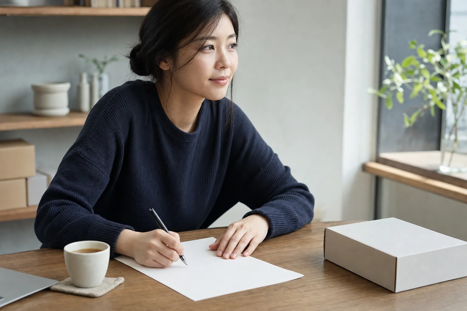 스몰 브랜드 마케팅 방법, 판매가 아니라 브랜드 성장부터 설계하는 법 4 소규모 브랜드 운영자가 판매 순위 변동을 메모하며 차분하게 검토하는 모습