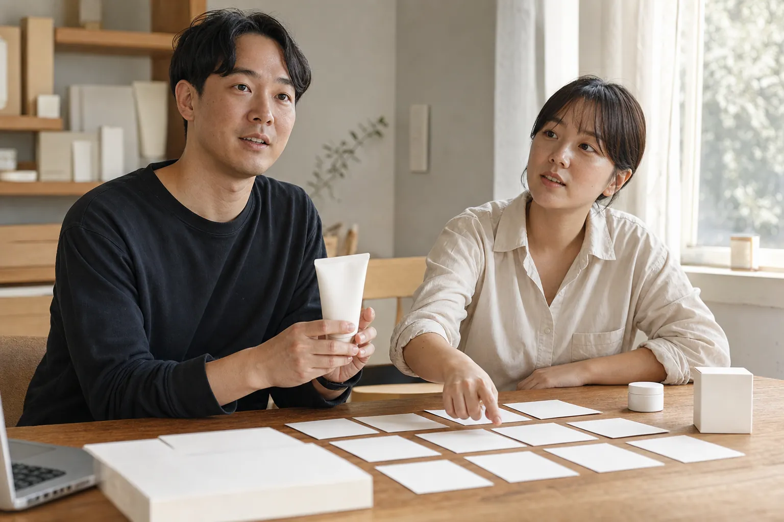 브랜드 인지도 높이는 법, 아는 사람이 아니라 검색하는 사람을 늘리는 순서 4 두 스몰 브랜드 운영자가 오디언스 페르소나 카드를 짚으며 새로운 고객층을 논의하는 모습