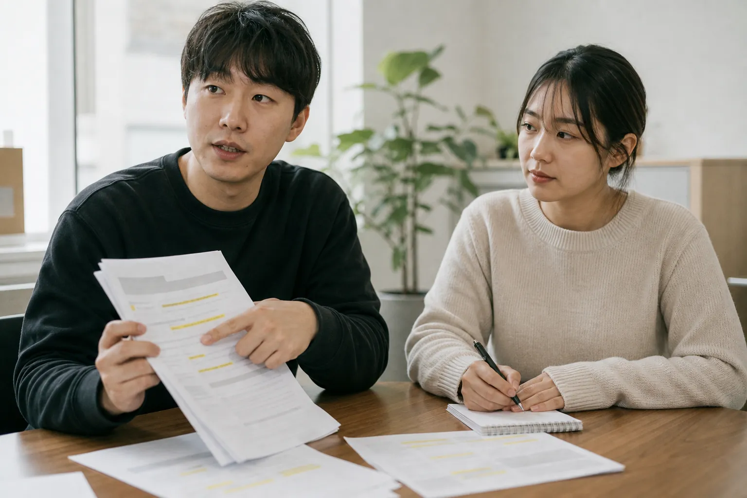 두 운영자가 리뷰 출력물을 함께 살펴보며 논의하는 모습